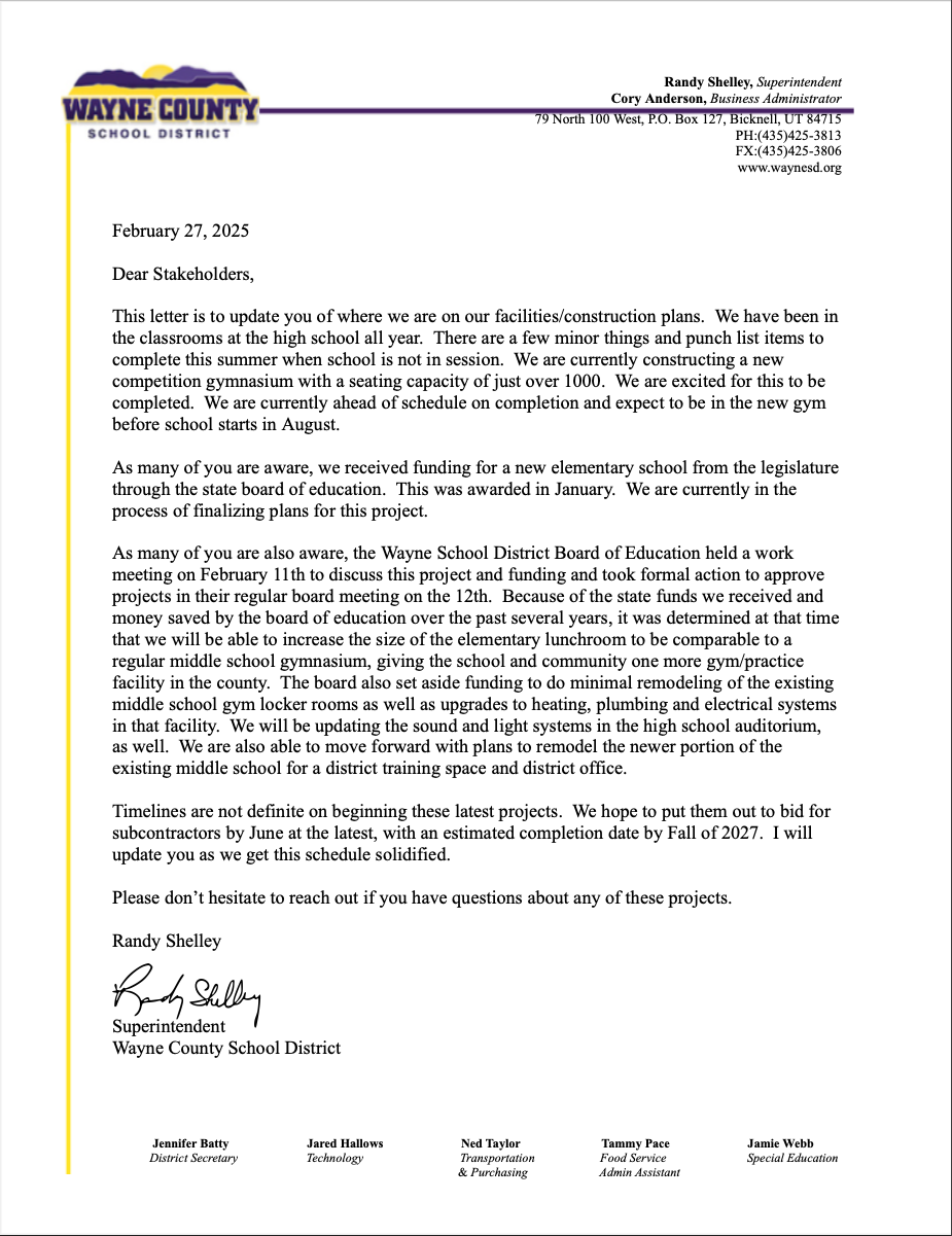 FacilitiesCommunityLetterFeb25